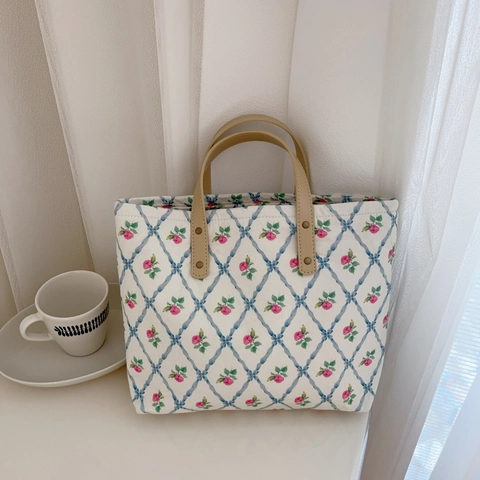 Borsa Tote Floreale In Cotone E Tela Con Manico In Pelle PU Chiusura A Zip Borsa A Mano Pastorale Per Donne Studentesse