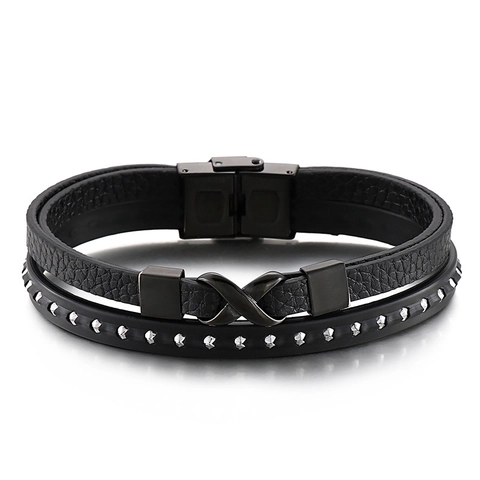 Pulsera De Cuero Multicapa Para Hombre Acero Inoxidable 316L Trenzada Punk Rock Infinito Cruz Remache Joyería