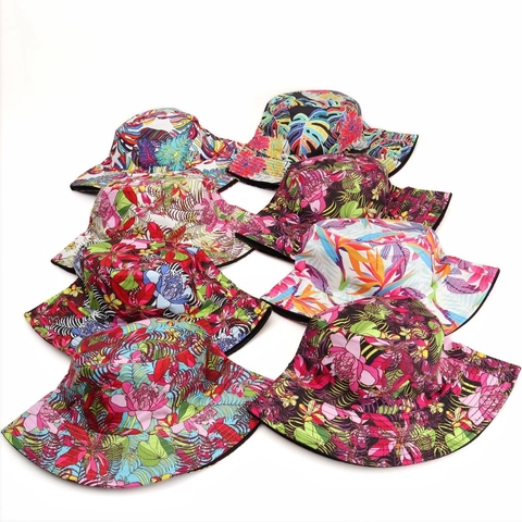 Reversible Bucket Hat Floral Tropical Leaf Print Sun Protection Wide Brim Outdoor Vacation Fisherman Hat Polyester