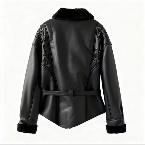 Chaqueta De Cuero Sintético Vintage Para Mujer Con Ribete De Piel Sintética Cinturón Y Cordones En El Hombro