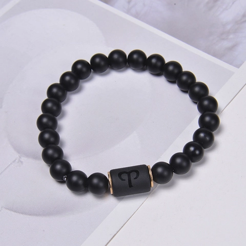 Bracciale Con Perline Costellazioni Dello Zodiaco Pietra Agata Nera Opaca Naturale Lega Gioielli Unisex Regalo
