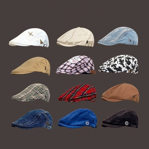 Vintage Newsboy Cap Retro Denim Cotton Beret Hat For Women Men Plaid Embroidery Distressed Ripped Casual Painter Hat