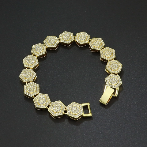 Bracciale A Maglie Esagonali Hip Hop Lega Iced Out Strass Uomo Unisex Gioielli Geometrici Accessorio Streetwear