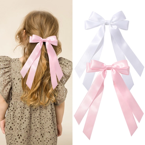 Double Layer Satin Ribbon Bow Hair Clip Long Streamers Alligator Clip Sweet Candy Color Princess Hairpin For Kids Girls