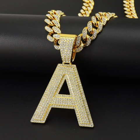 Hip Hop Iced Out Κολιέ με Μενταγιόν Αρχικό Γράμμα Α για Άνδρες Γυναίκες Κράμα Στρας Αλυσίδα Cuban Link Bling Κοσμήματα Δώρο