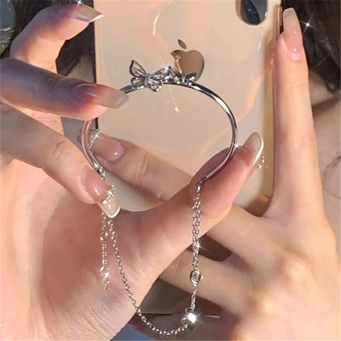 Pulsera De Mariposa Medio Brazalete Cadena Color Plata Aleación Borla Colgante De Corazón Joyería Chic Para Mujer
