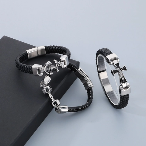 Bracciale In Pelle Intrecciata Da Uomo Acciaio Inossidabile 316L Punk Teschio Scorpione Ancora Gioielli Biker Stile Rock Retro