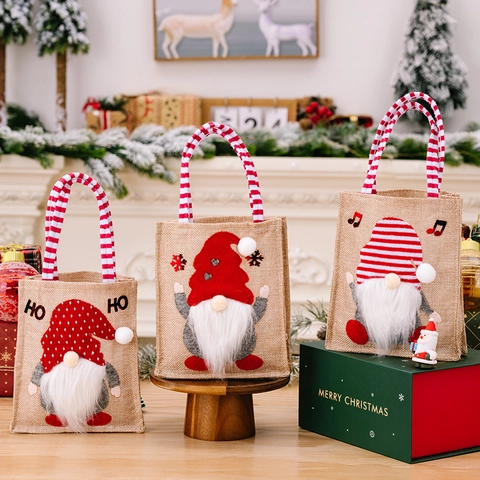 Bolsa De Regalo De Navidad Lino Arpillera Tela 3D Gnomo Rodolfo Muñeca Sin Rostro Bolso Caramelos Decoración Fiesta