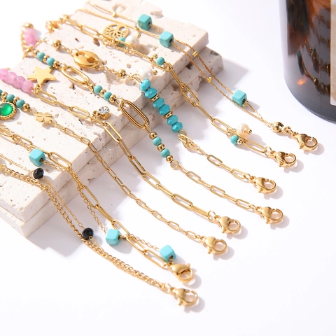 Bohemian Stainless Steel Bracelet For Women Gold Plated Turquoise Artificial Pearl Heart Tree Of Life Charm Adjustable Jewelry