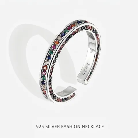 925 Sterling Silver Rainbow Zirconia Open Ring For Women Adjustable Niche Luxury Fashion Jewelry Minimalist Multicolor Finger Ring Gift