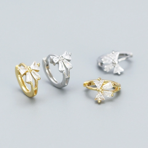 Elegant Bow Hoop Earrings With Zircon Inlaid 925 Sterling Silver Jewelry For Women Sweet Style