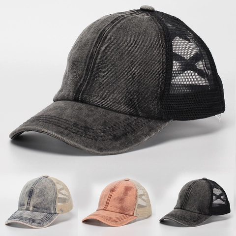 Damen Pferdeschwanz Baseballkappe Gewaschene Distressed Denim Mesh Trucker Hut Atmungsaktiv Verstellbar Sonnenschutz