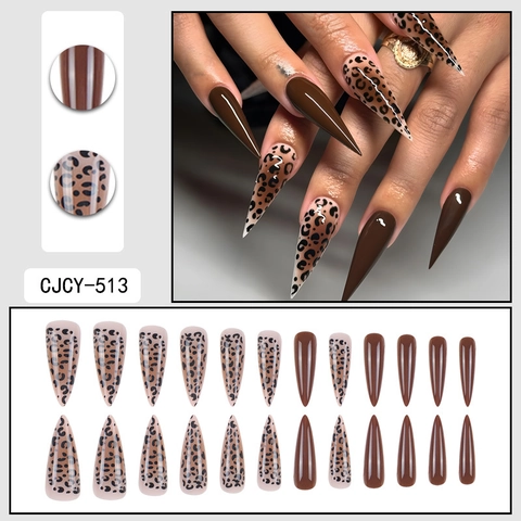 Faux Ongles Leopard Print Long Stiletto Brillant Marron Café Artificiel Pour Femmes Mode Tendance Manucure