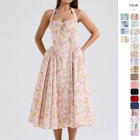 Damen Halter Rückenfreies Blumen Midikleid Französisch Retro Cottagecore Hohe Taille Ärmellos Elegant