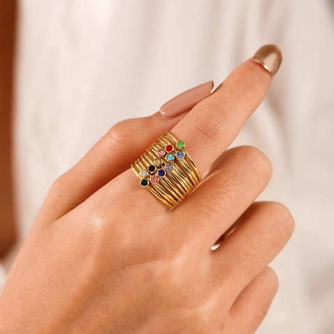 Minimalist Stainless Steel Birthstone Ring Colorful Round Zirconia Geometric Stackable Jewelry For Women