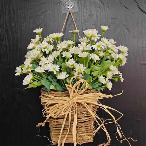 Artificial White Daisy Flower Basket Woven Rattan Hanging Base Raffia Bow Rustic Farmhouse Door Wall Home Decoration