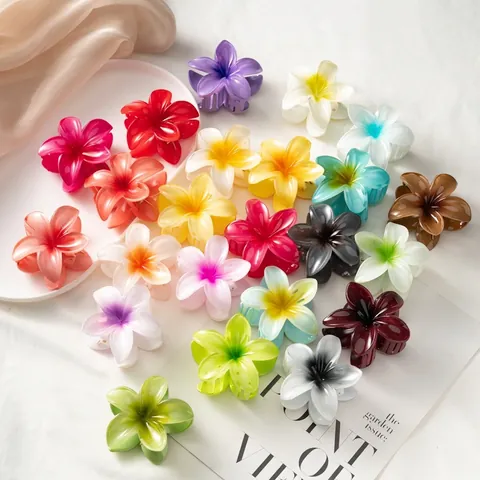 Flower Hair Claw Clips Plumeria Floral Shape Gradient Color Resin Acrylic Styling For Women Girls Summer Beach Vacation Accessory