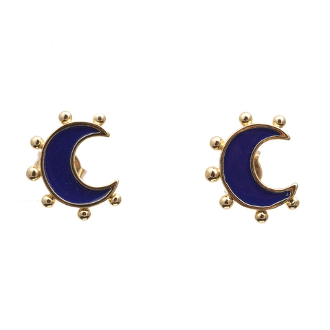 Crescent Moon Stud Earrings Copper Gold Plated Enamel With Small Beads Simple Sweet Fashion Jewelry For Women