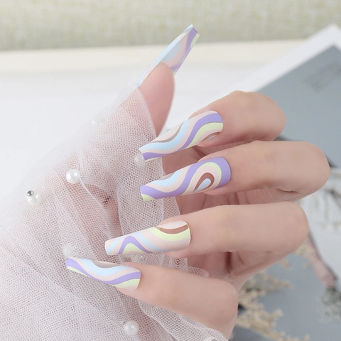 Long Coffin Press On Nails Matte Frosted Abstract Swirl Wave Macaron Color Pop Art False Nails Full Cover For Women
