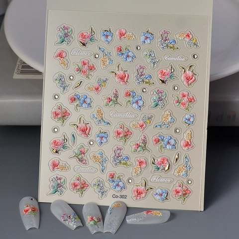5D Relief Nagelkunst Aufkleber Geprägt Blumen Kamelie Rose Goldfolie Strass DIY Maniküre Dekoration Für Frauen