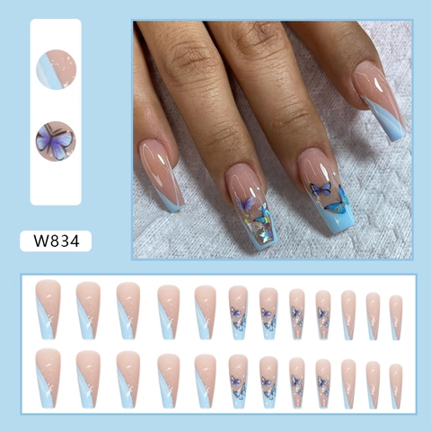 Uñas Postizas Largas De Ataúd Punta En V Francesa Azul Claro Patrón De Mariposa Brillo Reutilizable Para Mujeres