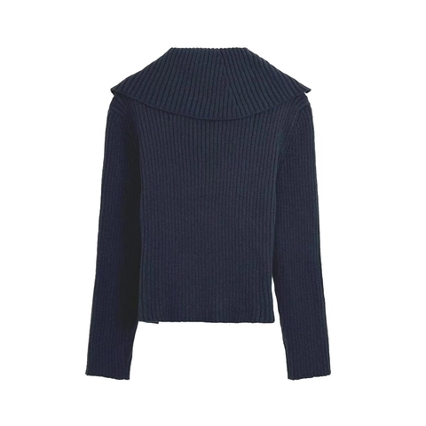 Women Ribbed Knit Sweater Asymmetric Lapel Diagonal Zipper Long Sleeve Slim Fit Solid Navy Blue Cardigan