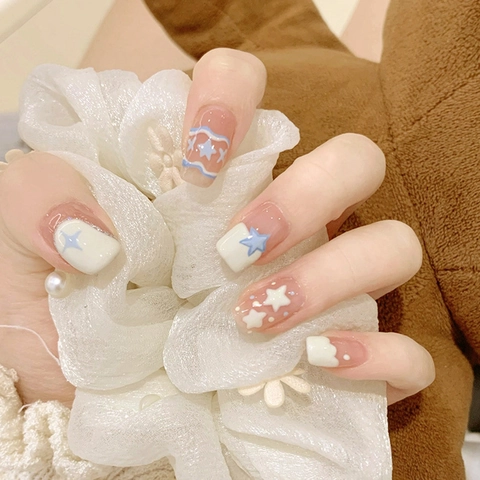 Faux Ongles Plastique Étoile Vague Blanc Bleu French Tip Court Carré Rond Brillant Style Dopamine Doux Pour Femmes