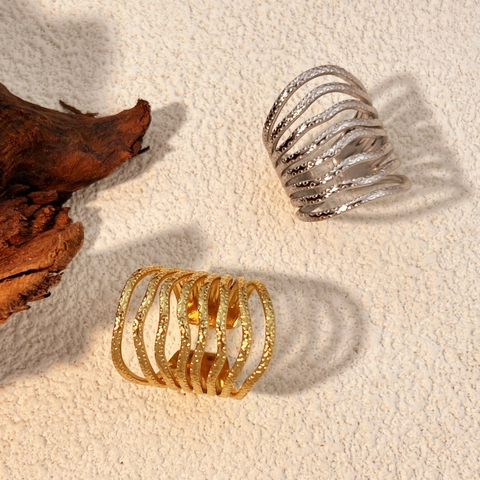 Vintage Edelstahl Wickelring Mehrlagig Wellig Breit Gehämmert Textur Verstellbar Schmuck Für Damen Herren