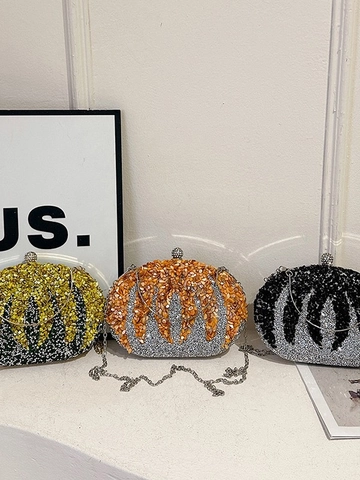 Bolso De Noche PU Con Diamantes De Imitación Ovalado Forma Calabaza Incrustación Concha Con Correa Cadena Metal Para Mujeres Fiesta Boda