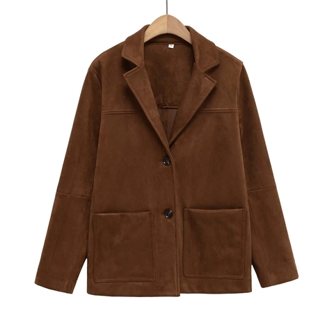 Dames Blazer Jas Van Faux Suede Enkelrijig Lange Mouwen Revers Casual Los Vintage Bovenkleding Zakken