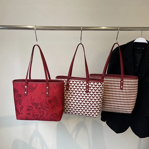 Red White Houndstooth Heart Pattern Tote Bag Large Capacity Woven Tweed Canvas Shoulder Handbag Retro Fashion Commute Women