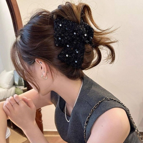 Large Bow Hair Claw Clip Sequin Tweed Fabric Triangle Elegant Vintage Luxury Accessory For Women