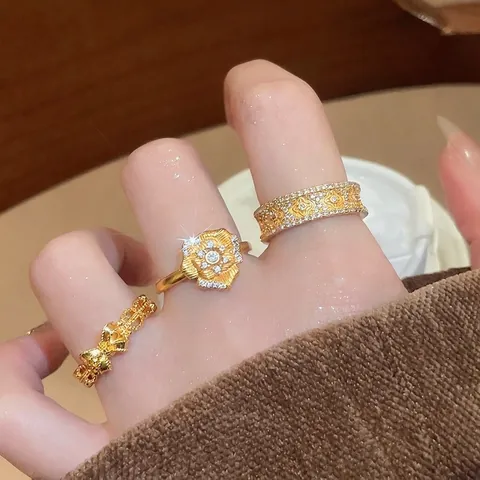 Anelli In Rame Regolabili Floreali Donna Zirconia Incastonata Vintage Francese Retrò Lusso Placcato Oro