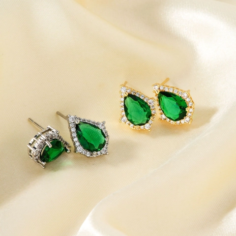Emerald Green Teardrop Stud Earrings Vintage Elegant Halo Cubic Zirconia Copper Brass Jewelry Gift For Women