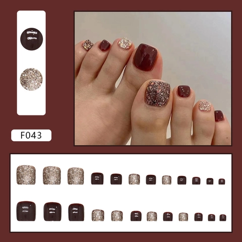 Glossy Wine Red And Glitter Press On Toenails Short Square Fashion Artificial Foot Nails