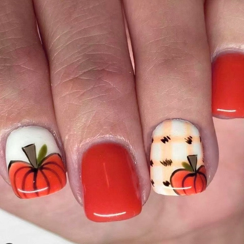 Short Square Press On Nails ABS Orange White Pumpkin Plaid Pattern Thanksgiving Halloween Autumn Fake Nails For Women