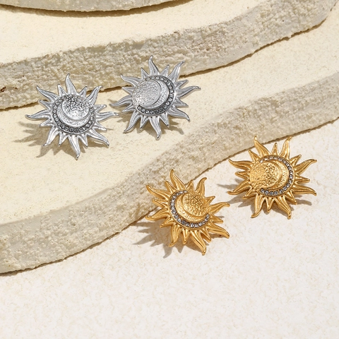 Sun And Moon Stud Earrings Stainless Steel Rhinestone 18K Gold Plated Bohemian Vintage Celestial Jewelry For Women