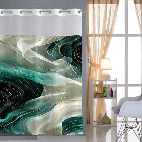 Waterdicht Douchegordijn Polyester Marmerpatroon Gouden Lijnen Badkamer Decoratie Haakloos Verwijderbare Voering En Mat