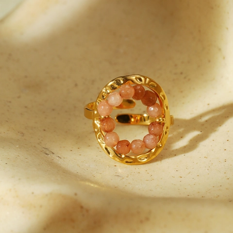 Vintage Roestvrij Staal Natuursteen Kralen Verstelbare Open Ring Voor Dames Gehamerd Verguld Geometrische Vingerring Sieraden