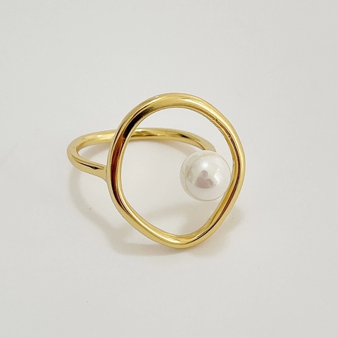 Minimalist 925 Sterling Silver Shell Artificial Pearl Adjustable Ring Geometric Circle 18K Gold Plated For Women