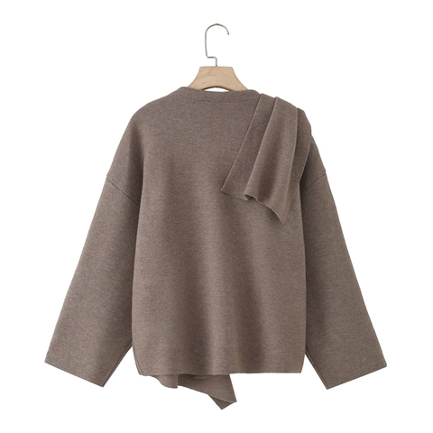 Women Knitted Coat With Scarf Collar Asymmetrical French Style Elegant Solid Color Long Sleeve Casual Outerwear Brown