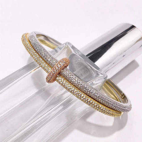 Bracciale Rigido Lusso in Rame con Strass Intarsiati a Doppio Anello per Donna Moda Tricolore Oro Argento Gioielli Regalo