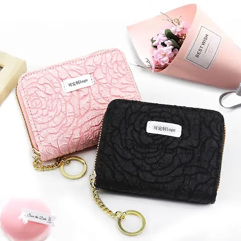 Rose Flower Embossed Card Holder Keychain Accordion Coin Purse Floral Pattern Polyester Fabric Zip Wallet For Women