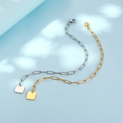 Bracelet En Acier Inoxydable Pour Femmes Avec Pendentif Carré Poli Chaîne Trombone Bijoux De Mode Minimalistes Cadeau