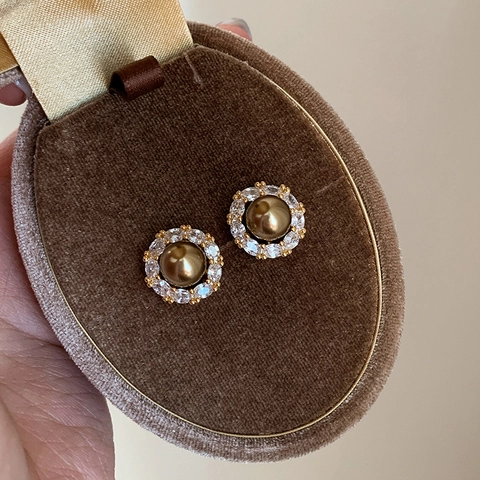 Vintage Round Faux Artificial Pearl Stud Earrings With Silver Earring Post Cubic Zirconia Halo French Style Elegant Jewelry For Women