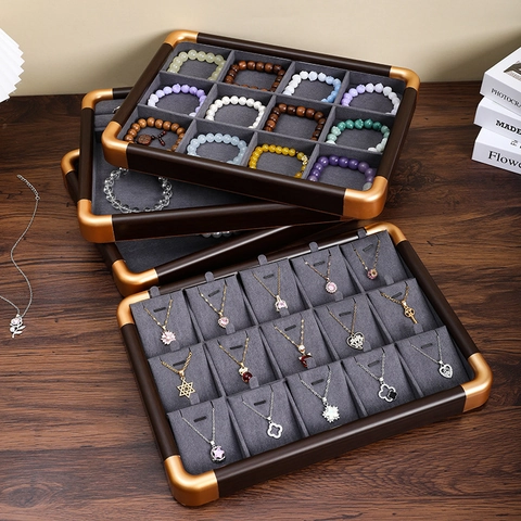 Jewelry Display Tray Solid Wood Velvet Storage Organizer Stackable Walnut Color With Metal Corner For Rings Necklaces Earrings