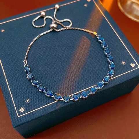 Bracciale Bolo In Zirconia Cubica Blu Goccia Per Donna Lega Di Rame Catena Scorrevole Regolabile Gioielleria