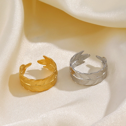 Anillo De Pluma Acero Inoxidable Abierto Ajustable Retro Minimalista Textura Joyería Para Mujeres Moda