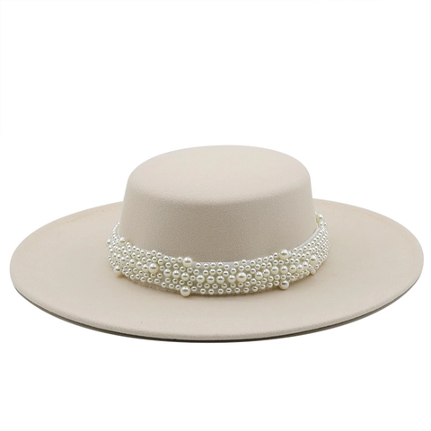 Sombrero Boater Elegante Estilo Francés Para Mujer De Fieltro De Lana Copa Plana Ala Ancha Con Cadena De Perlas Artificiales Vintage