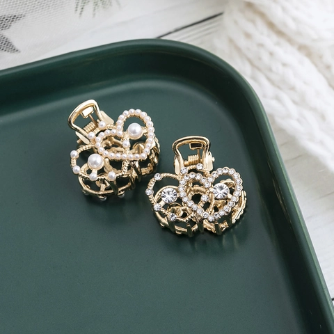 Mini Pinza Per Capelli Cuore Oro Metallo Con Strass E Perla Artificial Piccola Molletta Stile Coreano Per Donne